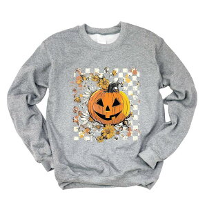 Simply Sage Market ���f�B�[�X �g�b�v�X T�V���c �t�����[�� �X�E�F�b�g �t�����[ Simply Sage Market Carved Pumpkin Checkered Floral - Womensweatshirt Graphite �O���t�@�C�g