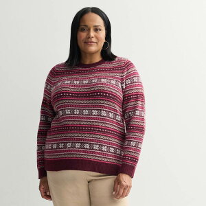 �N���t�g���o���[ ���f�B�[�X �A�E�^�[ �j�b�g�E�Z�[�^�[ �v���X�T�C�Y Plusize Croft & Barrow Raglan Sleeve Ringer Fairisle Sweater Berry Joy Fairisle