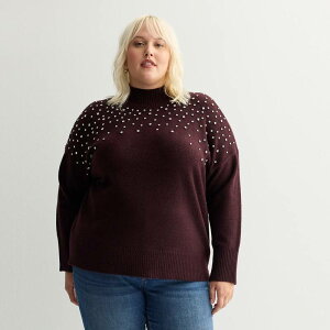�i�C���E�F�X�g ���f�B�[�X �A�E�^�[ �j�b�g�E�Z�[�^�[ ���b�N�l�b�N �v���X�T�C�Y Plusize Nine West Mock Neck Embellished Sweater Midnight Grape �O���[�v