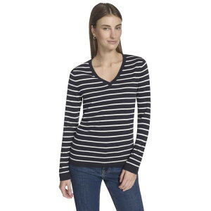 �i�E�e�B�J ���f�B�[�X �A�E�^�[ �j�b�g�E�Z�[�^�[ V�l�b�N Women's Nautica V-Neck Cable Sweater Navy Stripe �l�C�r�[