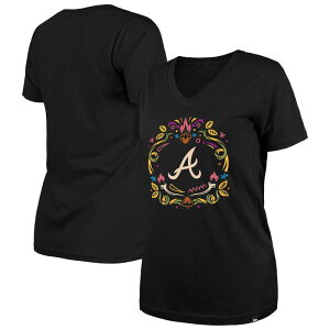 �j���[�G�� ���f�B�[�X �g�b�v�X T�V���c V�l�b�N Women's New Era Black Atlanta Braves Da de los Muertos V-Neck T-Shirt Brv Black �u���b�N