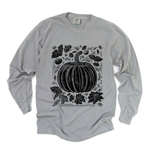 Simply Sage Market ���f�B�[�X �g�b�v�X T�V���c �O���t�B�b�N Simply Sage Market Pumpkin With Leaves Distressed - Women's Garment Dyed Long Sleeve Graphic T-Shirt Grey �O���[
