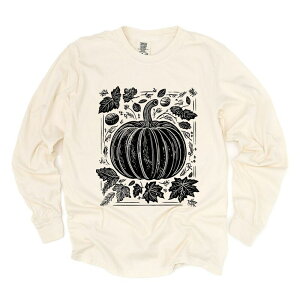 Simply Sage Market ���f�B�[�X �g�b�v�X T�V���c �O���t�B�b�N Simply Sage Market Pumpkin With Leaves Distressed - Women's Garment Dyed Long Sleeve Graphic T-Shirt Ivory �A�C�{���[