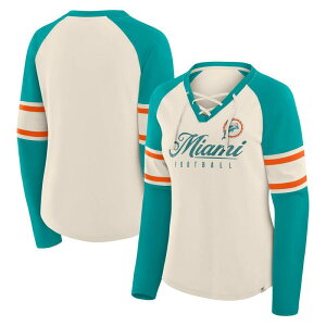 �t�@�i�e�B�N�X ���f�B�[�X �g�b�v�X T�V���c V�l�b�N ���[�X Women's Fanatics Cream/Aqua Miami Dolphins Hometown Gridiron Hero Raglan Lace-Up V-Neck Long Sleeve T-Shirt Dol Beige �x�[�W��