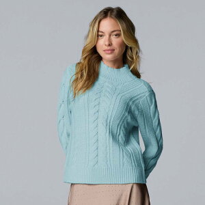 ���F���E�H�� ���f�B�[�X �A�E�^�[ �j�b�g�E�Z�[�^�[ ���b�N�l�b�N Women'simply Vera Wang Braided Front Mock Neck Sweater Mystic Gulf