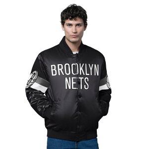 �X�^�[�^�[ �����Y �A�E�^�[ �W���P�b�g�E�u���]�� �T�e�� Men'starter Black Brooklynets Triple Option Varsity Full-Snap Satin Jacket Net Black �u���b�N