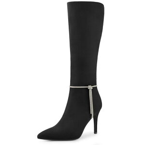 �A���O�� �P�[ ���f�B�[�X �V���[�Y �u�[�c�E���C���u�[�c �q�[�� ALLEGRA K Women's Rhinestone Crystal Chain Pointed Toe Stiletto Heels Knee High Boots Black �u���b�N