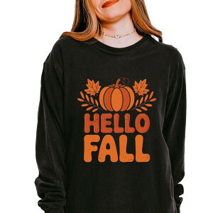 Simply Sage Market ���f�B�[�X �g�b�v�X T�V���c Simply Sage Market Hello Fall Pumpkin Distressed - Garment Dyed Long Sleeve Black �u���b�N