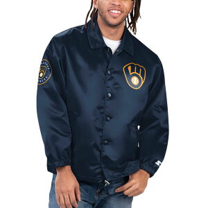 �X�^�[�^�[ �����Y �A�E�^�[ �W���P�b�g�E�u���]�� �T�e�� Men'starter Navy Milwaukee Brewers Option Route Satin Full-Snap Jacket Brw Navy �l�C�r�[
