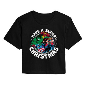 �}�[�x�� ���f�B�[�X �g�b�v�X T�V���c �N���b�v�h Juniors' Marvel Have A Super Christmas Cropped Tee Black �u���b�N