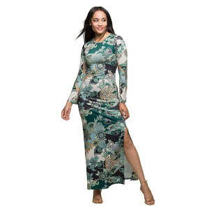 24 �Z�u���R���t�H�[�g ���f�B�[�X �g�b�v�X �����s�[�X �T�C�h�X���b�g �}�L�V Women's 24Seven Comfort Apparelong Sleeve Side Slit Maxi Dress Green Multi �O���[��