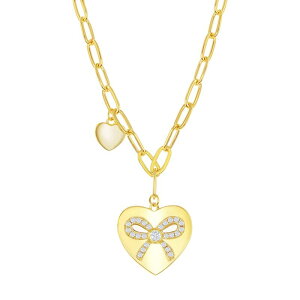 yz Aufbh fB[X lbNXE`[J[Ey_ggbv ANZT[ 14k Gold Over Silver Heart Cubic Zirconia Ribbon Heart Necklace Gold Tone