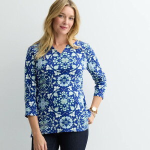 �N���t�g���o���[ ���f�B�[�X �g�b�v�X T�V���c Women �f s Croft & Barrow Three Quarter Sleeve Splitneck Top Blue Fresh Tile �u���[
