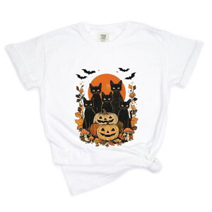 Simply Sage Market ���f�B�[�X �g�b�v�X T�V���c ���B���e�[�W Simply Sage Market Black Cats Pumpkin Vintage - Womens Garment Dyed Tee White �z���C�g