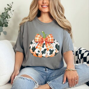 Simply Sage Market ���f�B�[�X �g�b�v�X T�V���c Simply Sage Market Cow Pumpkin Coquette Distressed - Garment Dyed Tee Grey �O���[