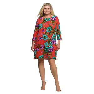 24 �Z�u���R���t�H�[�g ���f�B�[�X �g�b�v�X �����s�[�X A ���C�� �Ђ��� �v���X�T�C�Y Plusize 24Seven Comfort Apparel Three-Quarter Sleeve A-Line Knee Length Dress Orange Multi �I�����W