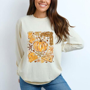 Simply Sage Market ���f�B�[�X �g�b�v�X T�V���c �O���t�B�b�N Simply Sage Market Fall Pumpkin Collage Glitter - Women's Garment Dyed Long Sleeve Graphic T-Shirt Ivory �A�C�{���[