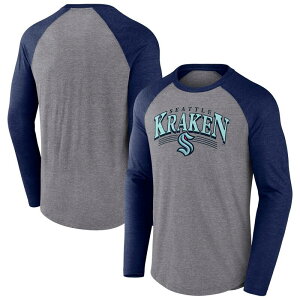 �t�@�i�e�B�N�X �����Y �g�b�v�X T�V���c Men's Fanatics Heather Gray/Heather Deep Sea Blue Seattle Kraken Goal Crease Raglan Tri-Blend Long Sleeve T-Shirt Krk Grey �O���[