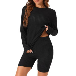 cheibear ���f�B�[�X �A���_�[�E�F�A �i�C�g�E�F�A ���u �V���[�g�p���c �j�b�g cheibear Womens Pajamas 2 Piece Sets Ribbed Knit Outfits Long Sleeved Top With Slim Biker Shorts Lounge Set Black �u���b�N