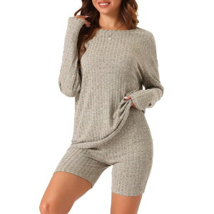 cheibear ���f�B�[�X �A���_�[�E�F�A �i�C�g�E�F�A ���u �V���[�g�p���c �j�b�g cheibear Womens Pajamas 2 Piece Sets Ribbed Knit Outfits Long Sleeved Top With Slim Biker Shorts Lounge Set Camel �L������