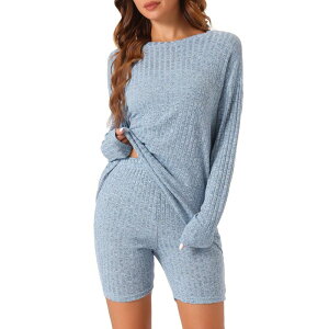 cheibear ���f�B�[�X �A���_�[�E�F�A �i�C�g�E�F�A ���u �V���[�g�p���c �j�b�g cheibear Womens Pajamas 2 Piece Sets Ribbed Knit Outfits Long Sleeved Top With Slim Biker Shorts Lounge Set Light Blue �u���[