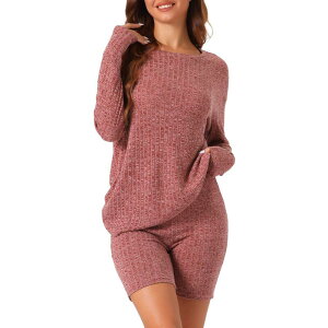 cheibear ���f�B�[�X �A���_�[�E�F�A �i�C�g�E�F�A ���u �V���[�g�p���c �j�b�g cheibear Womens Pajamas 2 Piece Sets Ribbed Knit Outfits Long Sleeved Top With Slim Biker Shorts Lounge Set Red ���b�h