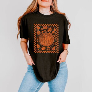 Simply Sage Market ���f�B�[�X �g�b�v�X T�V���c �O���t�B�b�N Simply Sage Market Pumpkin Checkeredistressed - Women's Garment Dyed Graphic T-Shirt Black �u���b�N