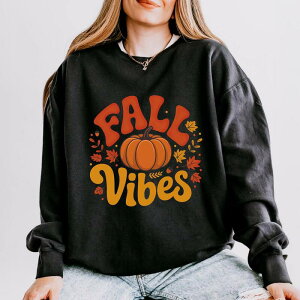Simply Sage Market ���f�B�[�X �g�b�v�X T�V���c �X�E�F�b�g Simply Sage Market Fall Vibes Pumpkin And Leaves - Womens Lightweight Garment Dyed Sweatshirt Black �u���b�N