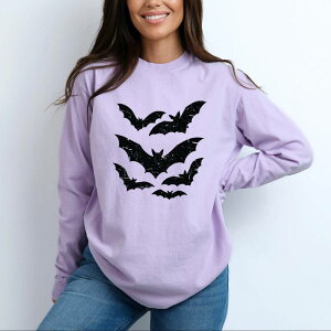 Simply Sage Market ���f�B�[�X �g�b�v�X T�V���c Simply Sage Market Halloween Bats Distressed - Womens Garment Dyed Long Sleeve Orchid