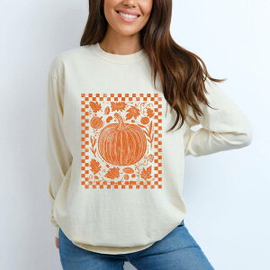 Simply Sage Market ���f�B�[�X �g�b�v�X T�V���c �O���t�B�b�N Simply Sage Market Pumpkin Checkeredistressed - Women's Garment Dyed Long Sleeve Graphic T-Shirt Ivory �A�C�{���[