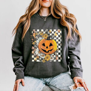 Simply Sage Market ���f�B�[�X �g�b�v�X T�V���c �t�����[�� �X�E�F�b�g �t�����[ Simply Sage Market Carved Pumpkin Checkered Floral - Womens Lightweight Garment Dyed Sweatshirt Pepper �`�F�b�N