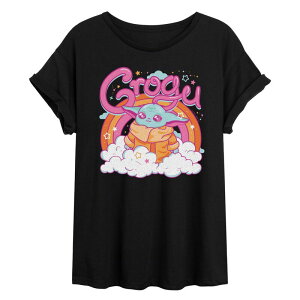 �X�^�[ �E�H�[�Y ���f�B�[�X �g�b�v�X T�V���c Juniors' Star Wars The Mandalorian Grogu Kawaii Oversized Tee Black �u���b�N