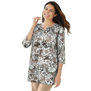 �E�[�}�� �E�B�Y�C�� ���f�B�[�X �g�b�v�X T�V���c �v���X�T�C�Y Woman Within Plusize 7-Day Three-Quarter Sleeve Notch-Neck Tunic New Khaki Floral �J�[�L