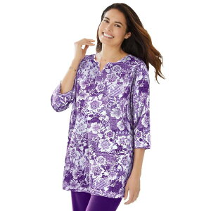 �E�[�}�� �E�B�Y�C�� ���f�B�[�X �g�b�v�X T�V���c �v���X�T�C�Y Woman Within Plusize 7-Day Three-Quarter Sleeve Notch-Neck Tunic Radiant Purple Floral �p�[�v��