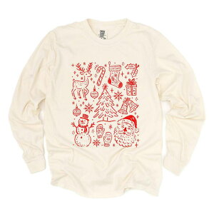 Simply Sage Market ���f�B�[�X �g�b�v�X T�V���c �O���t�B�b�N Simply Sage Market Christmas Chalk Icons - Women's Garment Dyed Long Sleeve Graphic T-Shirt Ivory �A�C�{���[