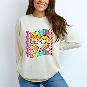 Simply Sage Market ���f�B�[�X �g�b�v�X T�V���c Simply Sage Marketeacher Pencil Heart Garment Dyed Long Sleeve Ivory �A�C�{���[