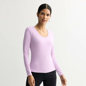 �i�C���E�F�X�g ���f�B�[�X �g�b�v�X T�V���c Women's Nine West Long Sleeve Scoopneck Rib Shirt Botanicalilac ���C���b�N