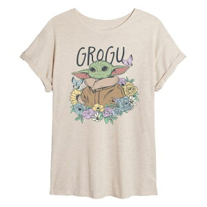 �X�^�[ �E�H�[�Y ���f�B�[�X �g�b�v�X T�V���c �t�����[�� �t�����[ Juniors' Star Wars The Mandalorian Grogu Floral Oversized Tee Beige �x�[�W��