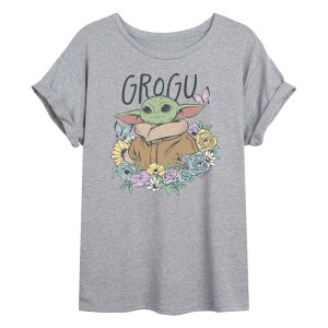 �X�^�[ �E�H�[�Y ���f�B�[�X �g�b�v�X T�V���c �t�����[�� �t�����[ Juniors' Star Wars The Mandalorian Grogu Floral Oversized Tee Heather Gray �O���[