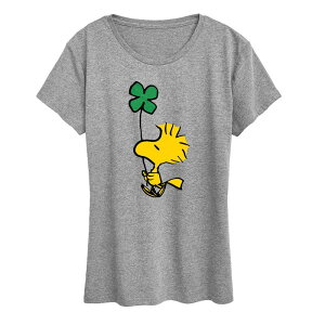 �A�j���L�����N�^�[ ���f�B�[�X �g�b�v�X T�V���c �O���t�B�b�N Licensed Character Women's Peanuts Woodstock Glitter Clover Graphic Tee Heather Gray �O���[
