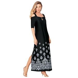 ���A�}���Y ���f�B�[�X �g�b�v�X �����s�[�X �v���X�T�C�Y �}�L�V Roaman's Women's Plusize Cold Shoulder Maxi Dress Black Damask Border �u���b�N