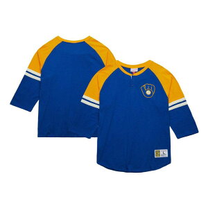 �~�b�`�F��&�l�X �����Y �g�b�v�X T�V���c Men's Mitchell & Ness Royal Milwaukee Brewers Cooperstown Collection Legendary Raglan Slub Henley 3/4-Sleeve T-Shirt Brw Blue �u���[
