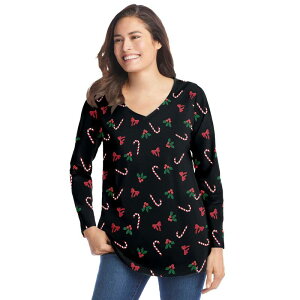 �E�[�}�� �E�B�Y�C�� ���f�B�[�X �g�b�v�X T�V���c V�l�b�N �v���X�T�C�Y �v�����g ���� Woman Within Plusize Perfect Printed Long-Sleeve V-Neck Tee Black Mistletoe �u���b�N