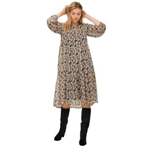 Ellos ���f�B�[�X �g�b�v�X �����s�[�X �e�B�A�[�h �v���X�T�C�Y �I�[�o�[���C �V�A�[ ellos Plusize Sheer Overlay Tieredress Black Ivory Floral �A�C�{���[