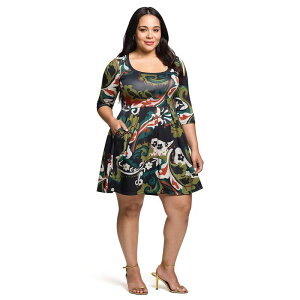 24 �Z�u���R���t�H�[�g ���f�B�[�X �g�b�v�X �����s�[�X �v���X�T�C�Y Plusize 24Seven Comfort Apparel Three Quarter Sleeve Fit & Flare Dress Green Multi �O���[��