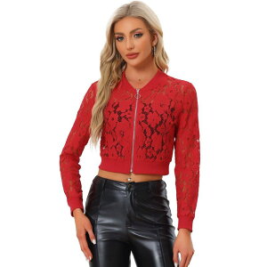 �A���O�� �P�[ ���f�B�[�X �A�E�^�[ �W���P�b�g�E�u���]�� �V�A�[ �N���b�v�h ���[�X ALLEGRA K Women'sheer Crochet Lace Long Sleeve Zipper Cropped Bomber Jacket Red ���b�h