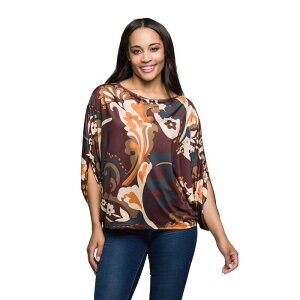 24 �Z�u���R���t�H�[�g ���f�B�[�X �g�b�v�X T�V���c �v�����g Women's 24Seven Comfort Apparel Paisley Print Dolman Sleeve Top Brown Multi �u���E��