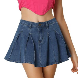 �A���O�� �P�[ ���f�B�[�X �{�g���X�J�[�g �v���[�c �~�j �f�j�� ALLEGRA K Mini Denim Skirt For Women Casual Pleated Jean Skirts Blue �u���[