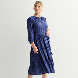 �\�m�} ���f�B�[�X �g�b�v�X �����s�[�X �~�f�B Women'sonoma Goods For Life Three-Quarter Sleeve Midi Dress Dark Blue Stripe �u���[