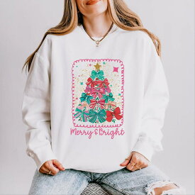 Simply Sage Market レディース トップス Tシャツ スウェット Simply Sage Market Merry & Bright Bow Tree - Women's Lightweight Garment Dyed Sweatshirt White ホワイト